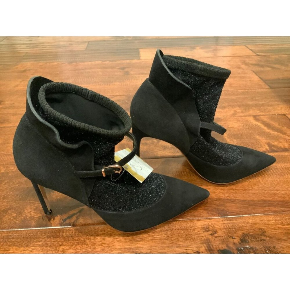 Sophia Webster Black Suede Pointed Toe Booties W/ Sparkle Sock, Size 7 US 37 IT
